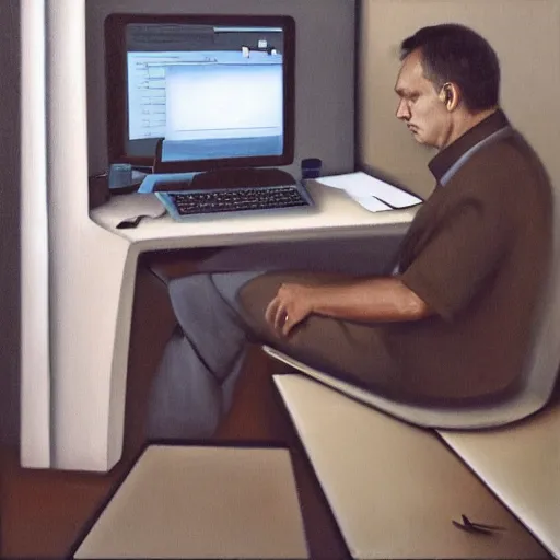 Image similar to viktor orban programming a computer in a cubicle, oil painting