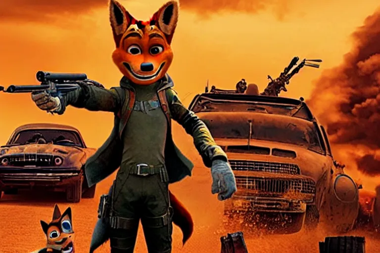 Image similar to nick wilde, heavily armed and armored facing down armageddon in a dark and gritty reboot from the makers of mad max : fury road