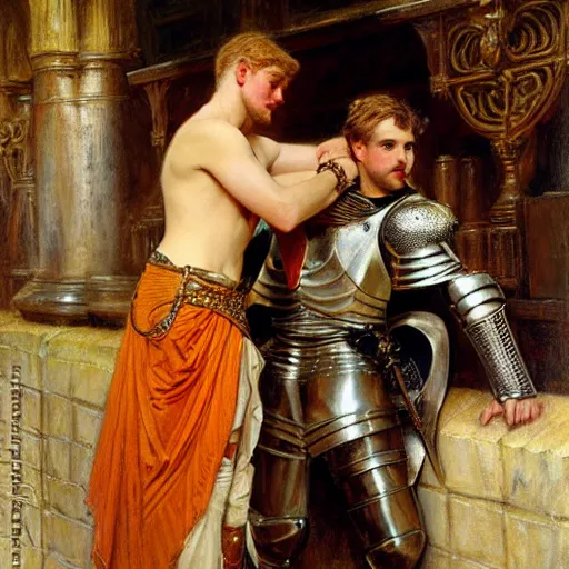 Image similar to attractive fully clothed arthur pendragon confesses his love for his attractive fully clothed male knight. highly detailed painting by gaston bussiere and j. c. leyendecker 8 k