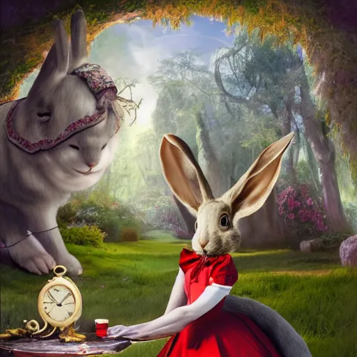 Prompt: alice in wonderland as an anthropomorphic rabbit, matte painting, hyperreal
