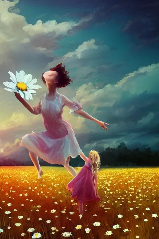 Prompt: giant white daisy flower on shoulder, girl dancing in a flower field, surreal photography, sunrise, dramatic light, impressionist painting, colorful clouds, digital painting, artstation, simon stalenhag