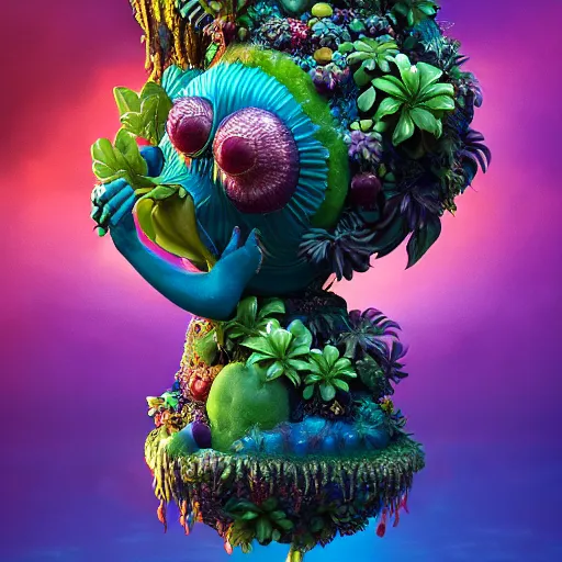 Image similar to tropical fruit creature in a lush trunda candyland vegetation, water reflection, night, backlit, warm tones, bioluminescent : by michal karcz, daniel merriam, victo ngai and guillermo del toro : ornate, dynamic, particulate, intricate, elegant, highly detailed, centered, artstation, smooth, sharp focus, octane render