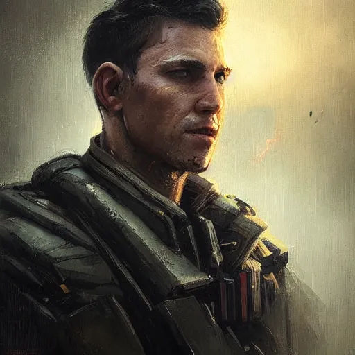 Image similar to portrait of a man by Greg Rutkowski, he is about 30 years old, he has short black hair in military-style, a straight jaw, he has a scar above one eyebrow, he wears Galactic Alliance military fatigues, Star Wars Expanded Universe, highly detailed portrait, digital painting, artstation, concept art, smooth, sharp foccus ilustration, Artstation HQ