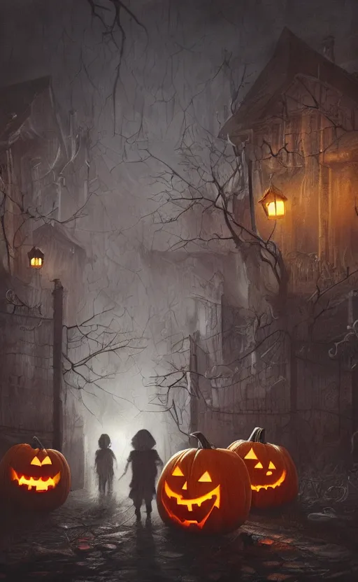 Image similar to a creepy and eery Halloween setting, with Jack o lanterns on the street and shadow figures lurking about, dynamic lighting, photorealistic fantasy concept art, stunning visuals, creative, cinematic, ultra detailed, trending on art station, spooky vibe