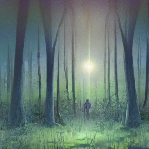 Image similar to a dirty lost person is following a small floating blue softly glowing ball of light through the swampy forest, art by Agus SW .