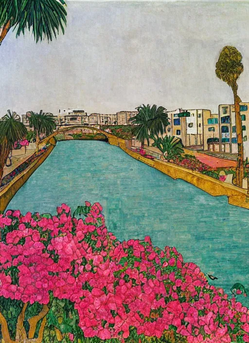 Image similar to ahwaz city in iran with a big modern arch bridge on local river, 3 boat in river, 2 number house near a lot of palm trees and bougainvillea, hot with shining sun, painting by egon schiele