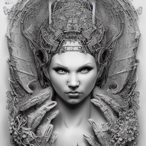 Prompt: ! dream a portrait of a feminine cyborg nymph - machina carved from stone - by tony diterlizzi, ilford hp 5, 5 5 mm, hyper realistic, super detailed by artgerm, tomasz alen kopera, peter mohrbacher, hyper - goth, horror - core, joseph christian leyendecker and h. r