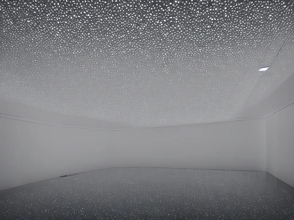 Image similar to Many silver mercury droplets floating, geometric, James Turrell, lighting, highly detailed, cinematic