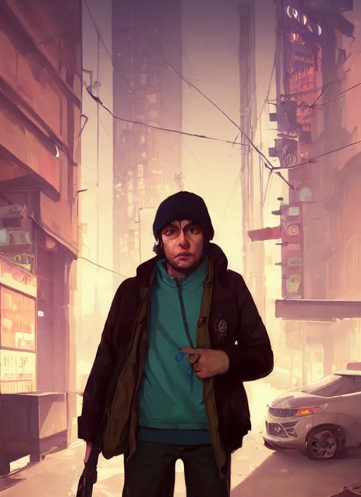 Image similar to Highly detailed portrait of homeless Martin Shkreli, in GTA V, Stephen Bliss, unreal engine, fantasy art by Greg Rutkowski, Loish, Rhads, Makoto Shinkai and Lois van baarle, ilya kuvshinov, rossdraws, Tom Bagshaw, global illumination, radiant light, detailed and intricate environment