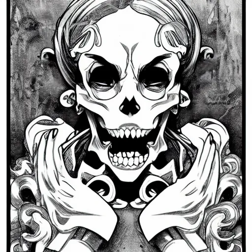 Image similar to anime manga skull portrait face skeleton illustration style by Alphonse Mucha and Jim Lee comic pop art nouveau