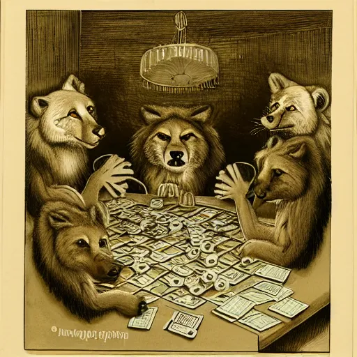 Prompt: a gang of lions, wolves and raccoons playing poker at night