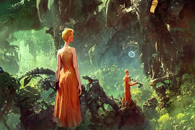 Image similar to pulp scifi fantasy illustration, elegant woman meets lizard alien in beautiful garden, flowers, baobab trees, distant town in valley and hills, spacehip, by norman rockwell, jack kirby, john berkey, bergey, craig mullins, ruan jia, raymond swanland, jeremy mann, beksinski, tom lovell, rodney matthews