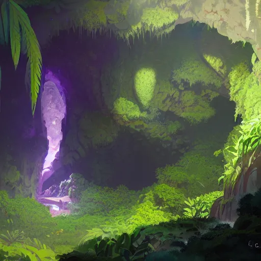 Image similar to beautiful giant piece of amethyst in a lush cave, greg rutkowski