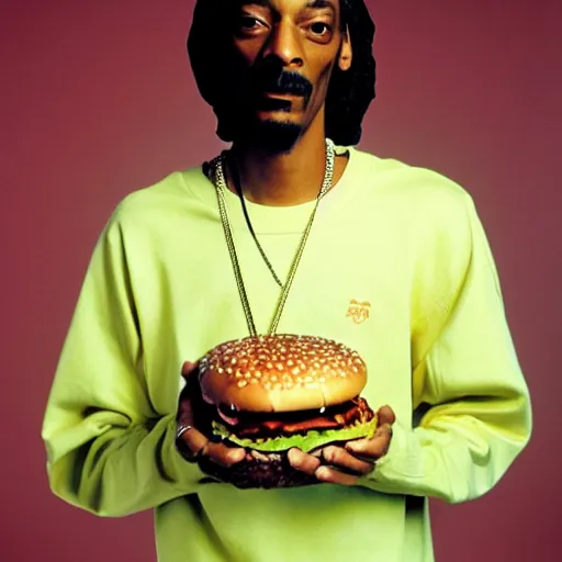 Prompt: Snoop Dogg holding a cheeseburger for a 1990s sitcom tv show, Studio Photograph, portrait, C 12.0