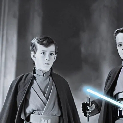 Image similar to film still of young alec guiness and young sebastian shaw as jedis in new star wars movie, dramatic lighting, highley detailled face, kodak film, wide angle shot, photorealistic