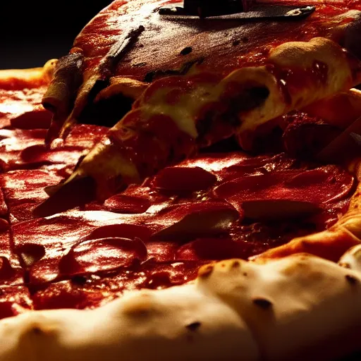 Prompt: close-up of a pizza robot, wasteland, highly-detailed, dramatic lighting, artstation, 4k, cinematic landscape, photograph by Keanu Reeves