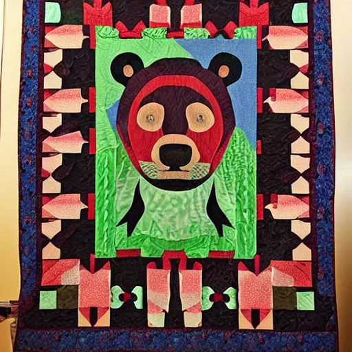 Image similar to Quilt design inspired by Haida Gwaii bear spirit, detailed, product photo,