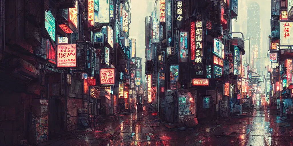 Image similar to Cyberpunk back alley with minimal number of neon lighting on a rainy day in Japan, low angle view, detailed matte painting, cinematic, Moebius, Artstation