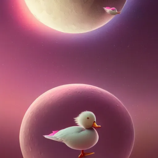 Prompt: concept art of pink duck in the moon, full view, full size, hyper detailed, digital art, artstation, high definition cgsociety, sk, render, cinematic, symmetry, hyper realistic