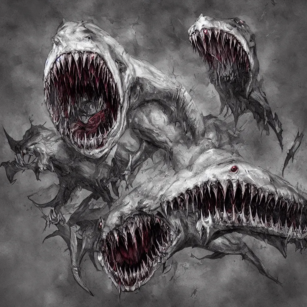 Image similar to horrifying and demonic shark creature with fangs, necromorph