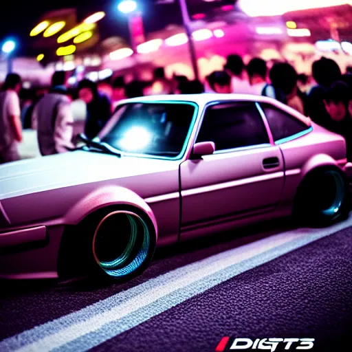 Image similar to a car S30 turbo drift at illegal car meet, shibuya prefecture, midnight mist streetlights, color grade, photorealistic, highly detailed wheels, highly detailed