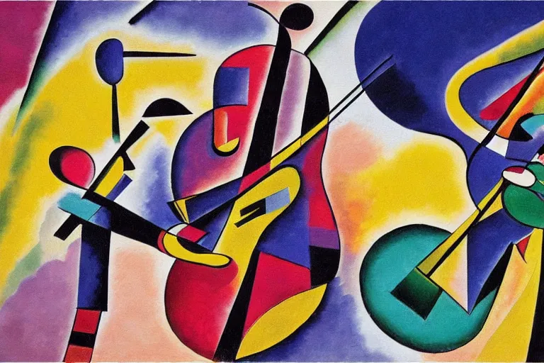 Prompt: jazz quintet, painting, kandinsky, saxophone, drums, piano, trumpet, double bass