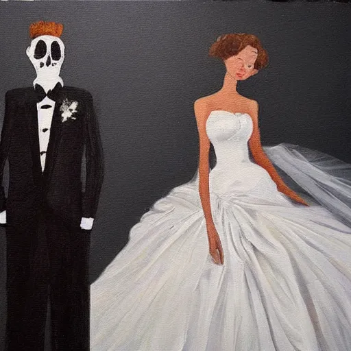 Prompt: a painting of a wedding dress and a tuxedo discarded on a bedroom floor. trending on ArtStation.