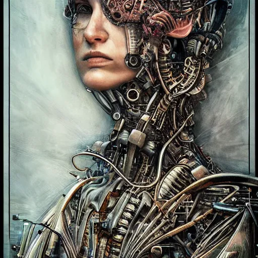 Image similar to a portrait of a woman with mechanical patterns by android jones and hr giger