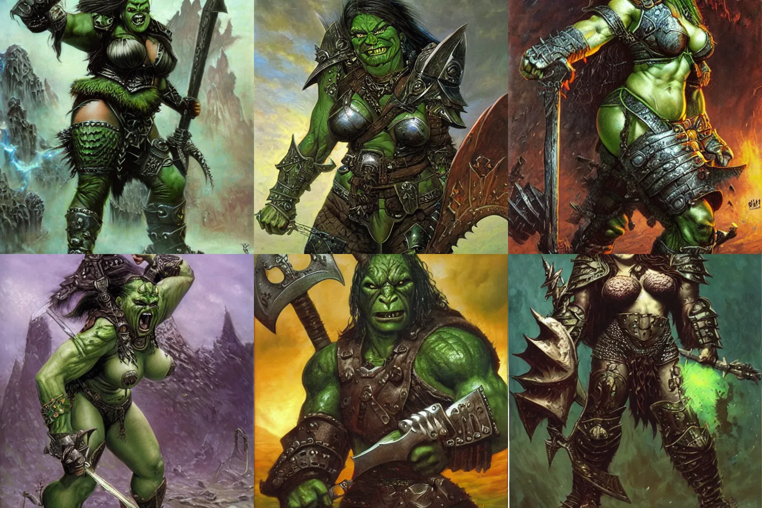 Prompt: A big green orc lady barbarian with heavy-plate-armor. Fierce fantasy artwork by Greg staples and Kev Walker, oil painting on matte canvas