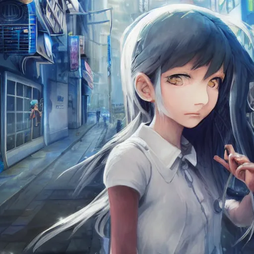 Image similar to dynamic composition, motion, ultra-detailed, incredibly detailed, a lot of details, amazing fine details and brush strokes, colorful and grayish palette, smooth, HD semirealistic anime CG concept art digital painting, watercolor oil painting of Clean and detailed post-cyberpunk sci-fi close-up schoolgirl in asian city in style of cytus and deemo, blue flame, relaxing, calm and mysterious vibes,, by a Chinese artist at ArtStation, by Huang Guangjian, Fenghua Zhong, Ruan Jia, Xin Jin and Wei Chang. Realistic artwork of a Chinese videogame, gradients, gentle an harmonic grayish colors. set in half-life 2, Matrix, GITS, Blade Runner, Neotokyo Source, Syndicate(2012), dynamic composition, beautiful with eerie vibes, very inspirational, very stylish, with gradients, surrealistic, dystopia, postapocalyptic vibes, depth of field, mist, rich cinematic atmosphere, perfect digital art, mystical journey in strange world