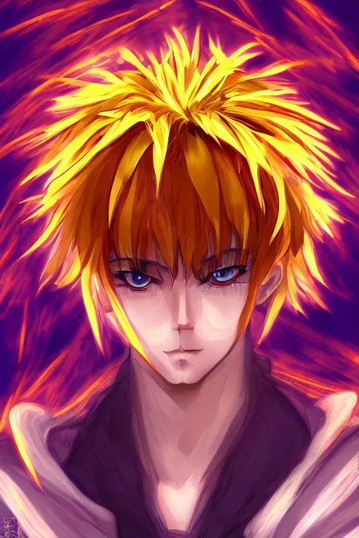 Image similar to amber glowing luminescent dandelion male anime character, symmetrical, highly detailed, digital art, sharp focus, trending on art station, amber eyes, autumnal colours