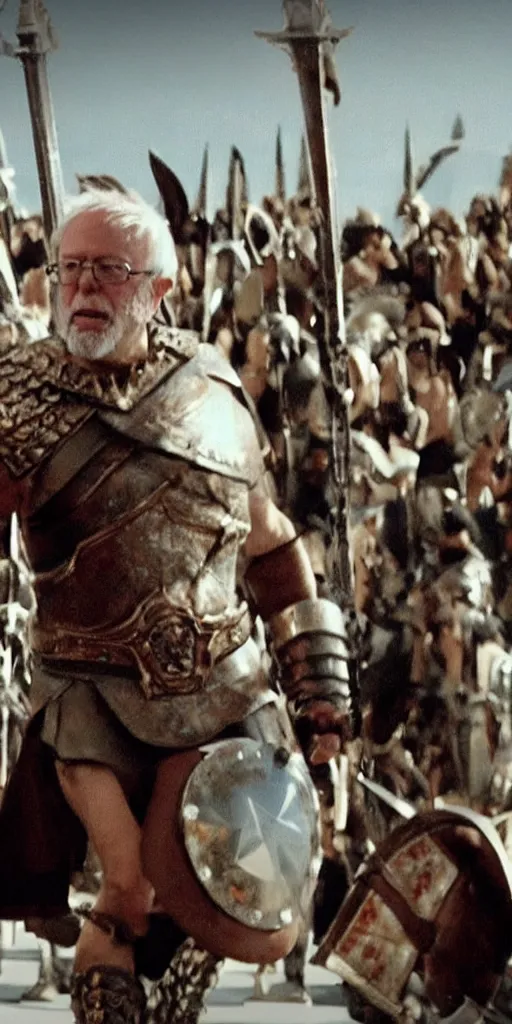 Prompt: Bernie Sanders dressed as Leonidas, with Leonidas beard, leading Spartans into battle, in screenshot from the 300 movie