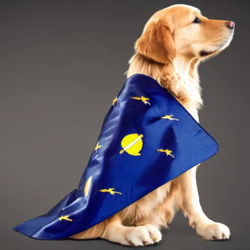 Prompt: a golden retriever in space wearing cape, 4k