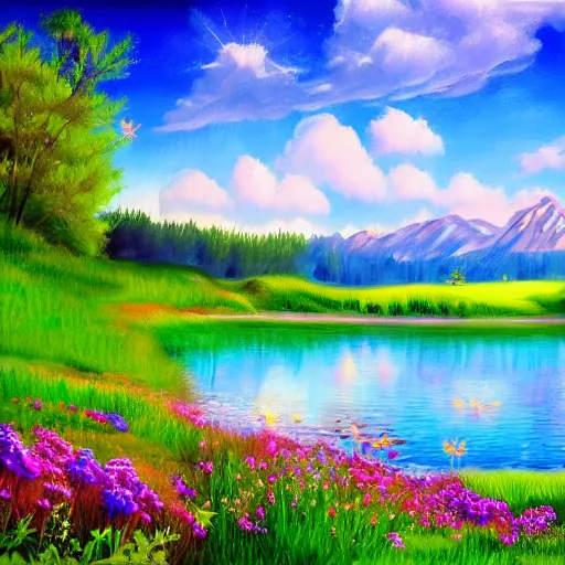 Image similar to meadow with colorful flowers and lake detailed airbrushed magical realism landscape painting 4 k