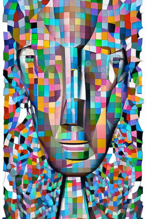 Image similar to cubist moai statue cutout digital illustration cartoon colorful beeple