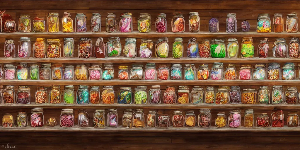 Image similar to Inside an old sweet shop, large jars on shelves, beautiful labels, fantasy vendor interior, wide angle, cinematic, highly detailed, photorealistic, rich bright colors, trending on artstation