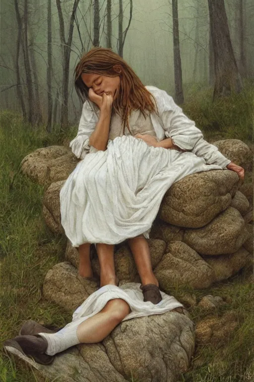 Prompt: peasant girl sleeping on a stone in a foggy forest, high-key lightning, realistic, aesthetic, sad atmosphere, neutral colors, detailed illustration, oil on canvas by Steve Hanks