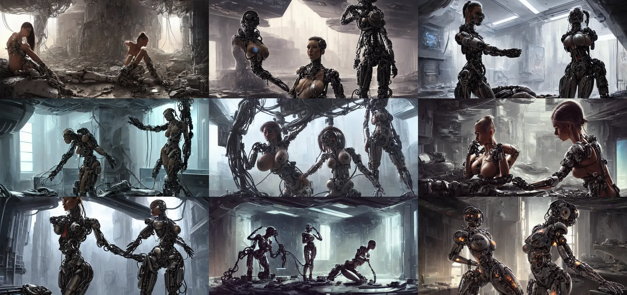 Prompt: Ultra realistic illustration, incredibly beautiful and alluring damaged female spec ops cyborg being repaired in a destroyed futuristic super advanced military medical bay with cables hanging from ceiling, cables on floor, beautiful face, voluptuous body, beautiful alluring science observing, cyberpunk, sci-fi, fantasy, intricate, elegant, highly detailed, digital painting, artstation, concept art, smooth, sharp focus, rule of thirds, illustration, dramatic lighting, art by artgerm and greg rutkowski and alphonse mucha