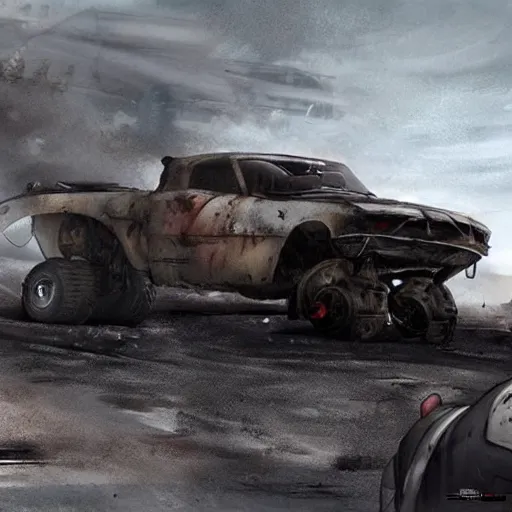 Prompt: a post apocalyptic car chase in the style of mad max, heavily modified cars, low camera angle, truck racing into camera, concept art for a movie