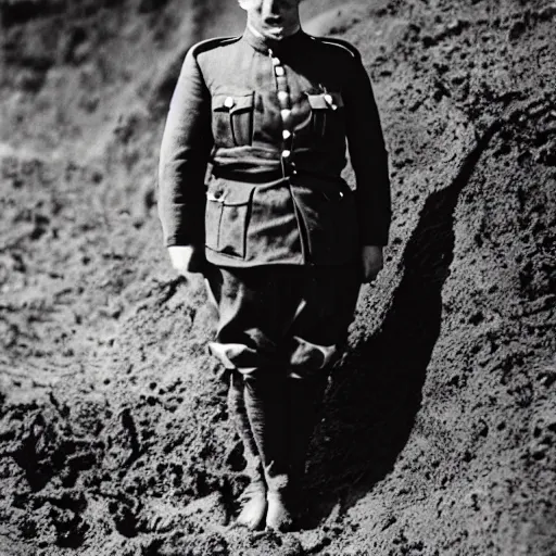 Image similar to a black and white photograph, portrait of a rabbit wearing ww1 uniform, standing in a muddy trench