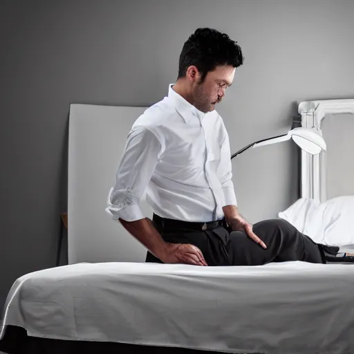 Image similar to a man ironing his collar shirt on a bed, photography, award winning, hyper detailed, dim lighting, 8 k