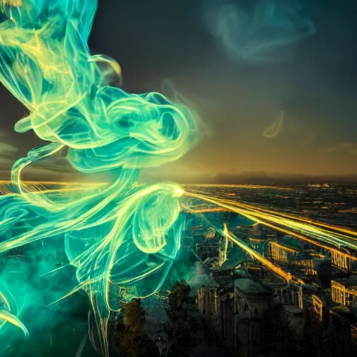 Prompt: dimly lit muted multi-color smoke (blues, greens), muted neon smoke, smoke reminiscent of vague outline of fierce flying dragons with large outstretched wings, sun shaft, over a large city park, photographic, stunning, inspiring, super high energy, swift, fast, fleeting