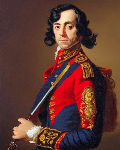 Image similar to dark brown cat with dark eyes and serious expression wearing 1 8 th century royal guard uniform in navy blue and red, joseph ducreux, greg rutkowski, regal, stately, royal portrait, painting