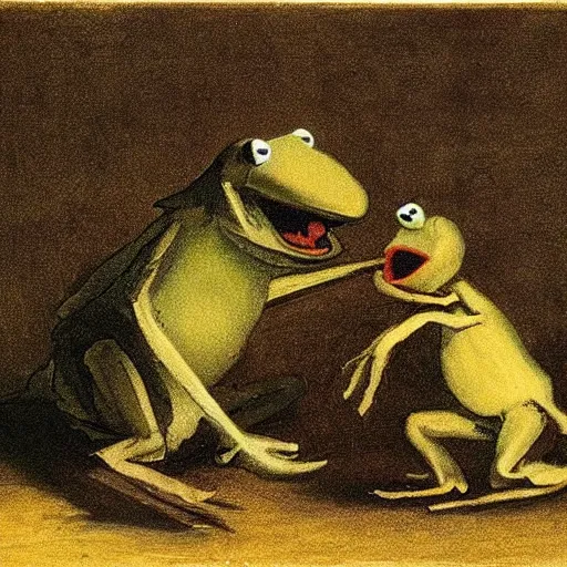 Image similar to “Kermit the Frog Devouring His Son” by Francisco Goya