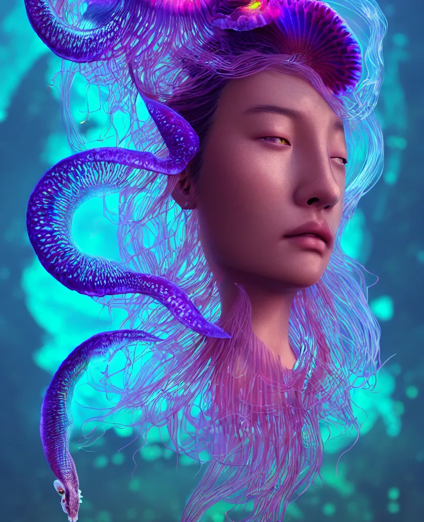 Image similar to goddess close-up portrait. dichroic orchid jellyfish phoenix head, nautilus, skull, betta fish, bioluminiscent creatures, intricate artwork by Tooth Wu and wlop and beeple. octane render, trending on artstation, greg rutkowski very coherent symmetrical artwork. cinematic, hyper realism, high detail, octane render, 8k