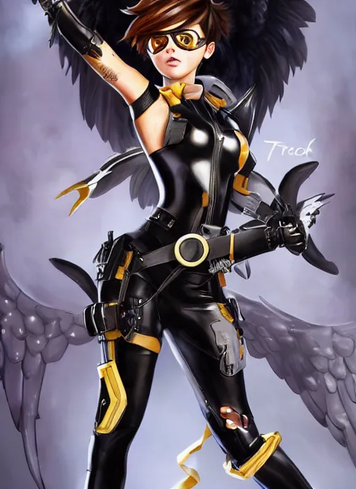 Image similar to full body artwork of tracer overwatch, wearing black latex outfit, in style of mark arian, angel wings, dramatic painting, wearing detailed leather collar, black shiny armor, chains, black harness, detailed face and eyes,