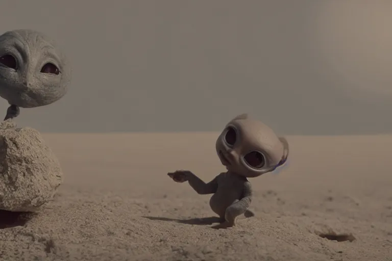 Image similar to vfx movie scene closeup adorable curios tiny little baby alien creature in moon desert eating a rock. by emmanuel lubezki