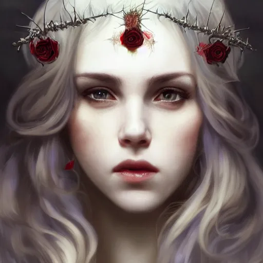 Image similar to portrait of very beautiful vampire, rose thorn crown, thorns everywhere, headshot, pale skin, 4k, rule of thirds, extreme detail, detailed drawing, trending artstation, hd, fantasy, D&D, realistic lighting, by Alphonse Mucha, Greg Rutkowski, sharp focus, backlit, bright white hair, elegant