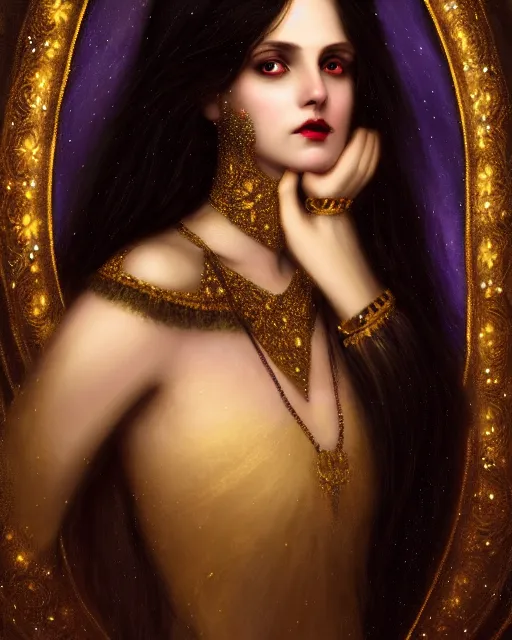 Image similar to Nocturne, glowing, stars, a portrait of a beautiful female shadow djinn with jeweled collar, long hair, glowing eyes, highly detailed, mysterious, ethereal, dressed in velvet and gold jewelry, haute couture, illustration, dramatic lighting, painting, by Edmund Blair Leighton, Brom, Charlie Bowater, trending on artstation, faces by Tom Bagshaw, otto schmidt