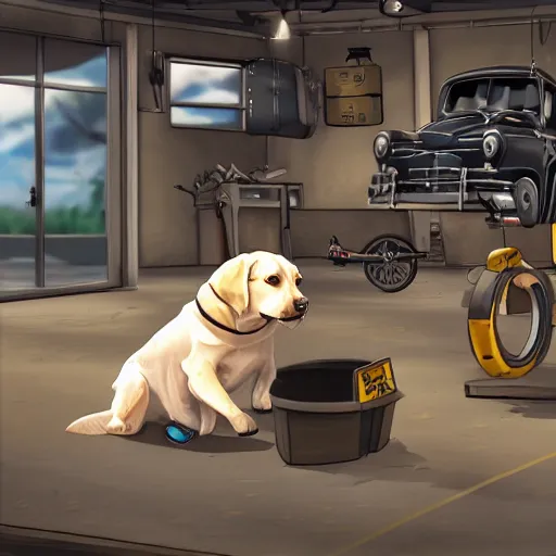 Image similar to photorealistic of a dog working as a mechanic, dynamic lighting, highly detailed